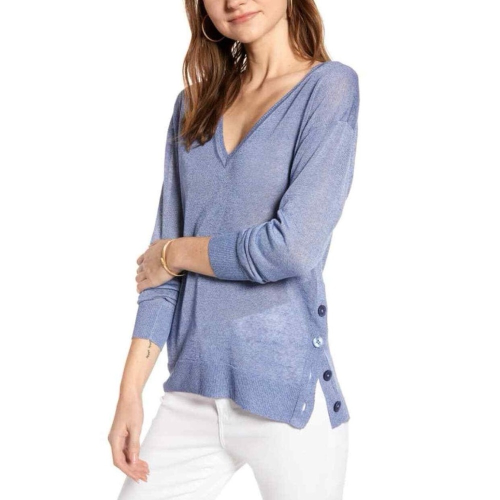 J. Crew Blue V Neck Sweater Side Button in Linen